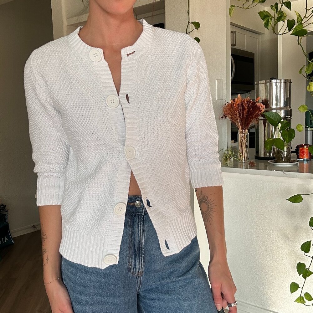 LL Bean White 100% Cotton Cardigan Women’s Medium 3/4 Sleeve Button Front Knit